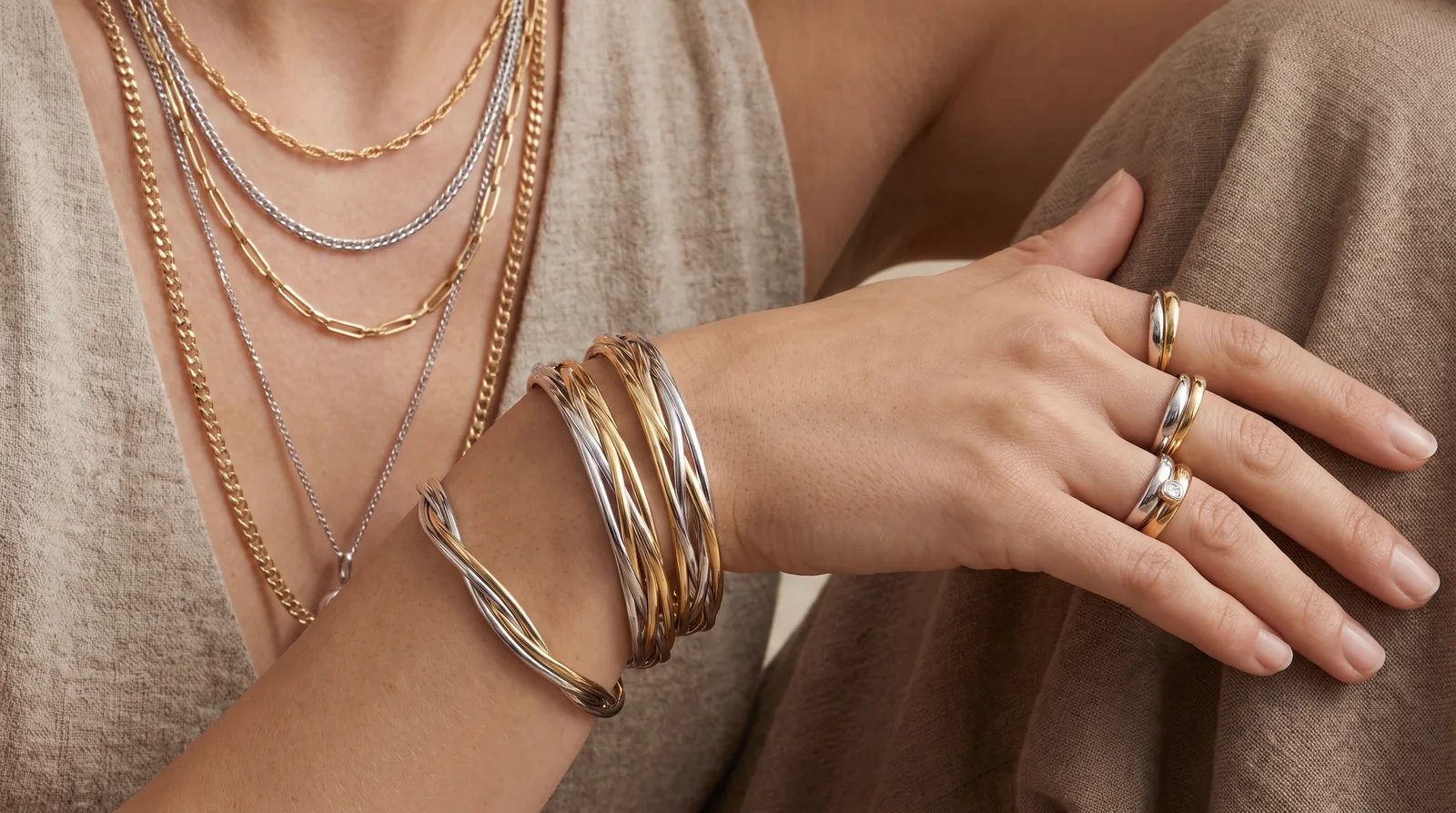 Layered rings and bracelets showing you can wear white gold and yellow gold together in one stylish look