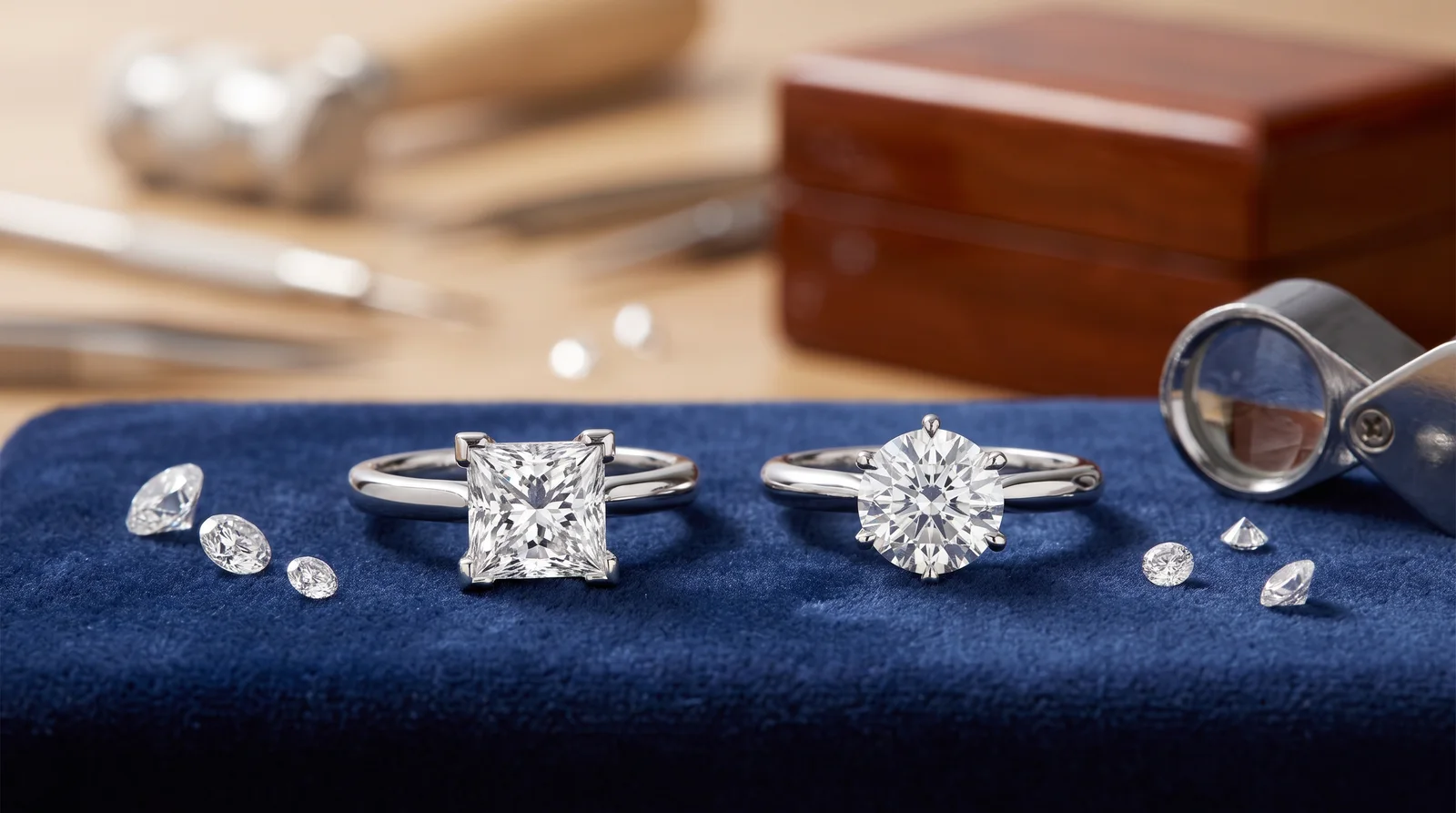 Princess cut engagement rings compared side-by-side with round cut diamonds showing shape and sparkle differences