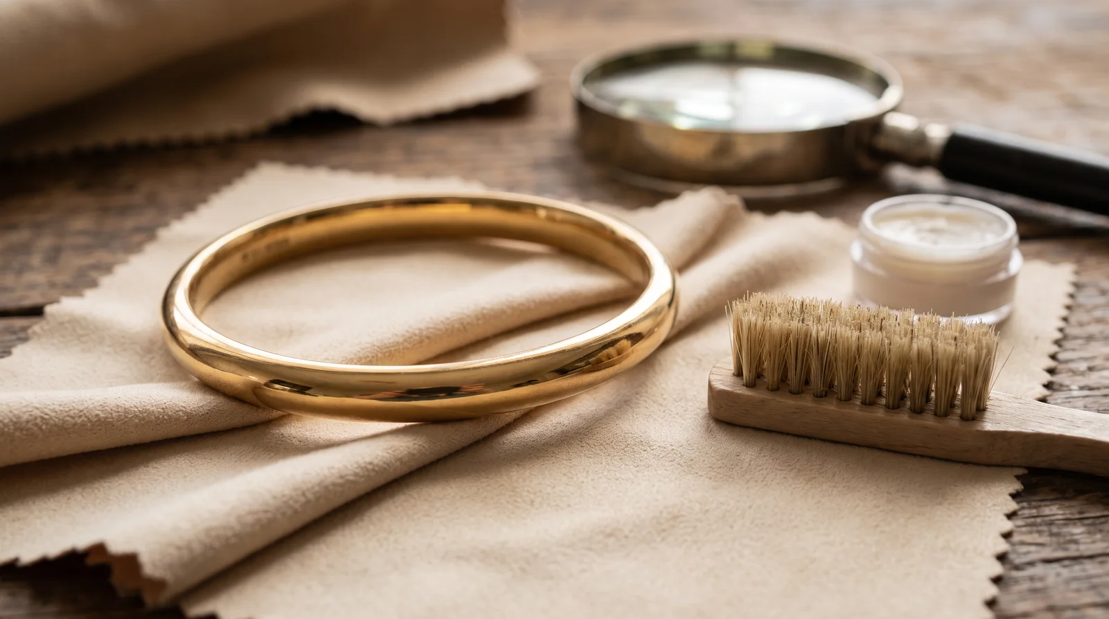Jeweler polishing a repaired hollow gold bangle, showing dented gold bangle repaired and restored to shine
