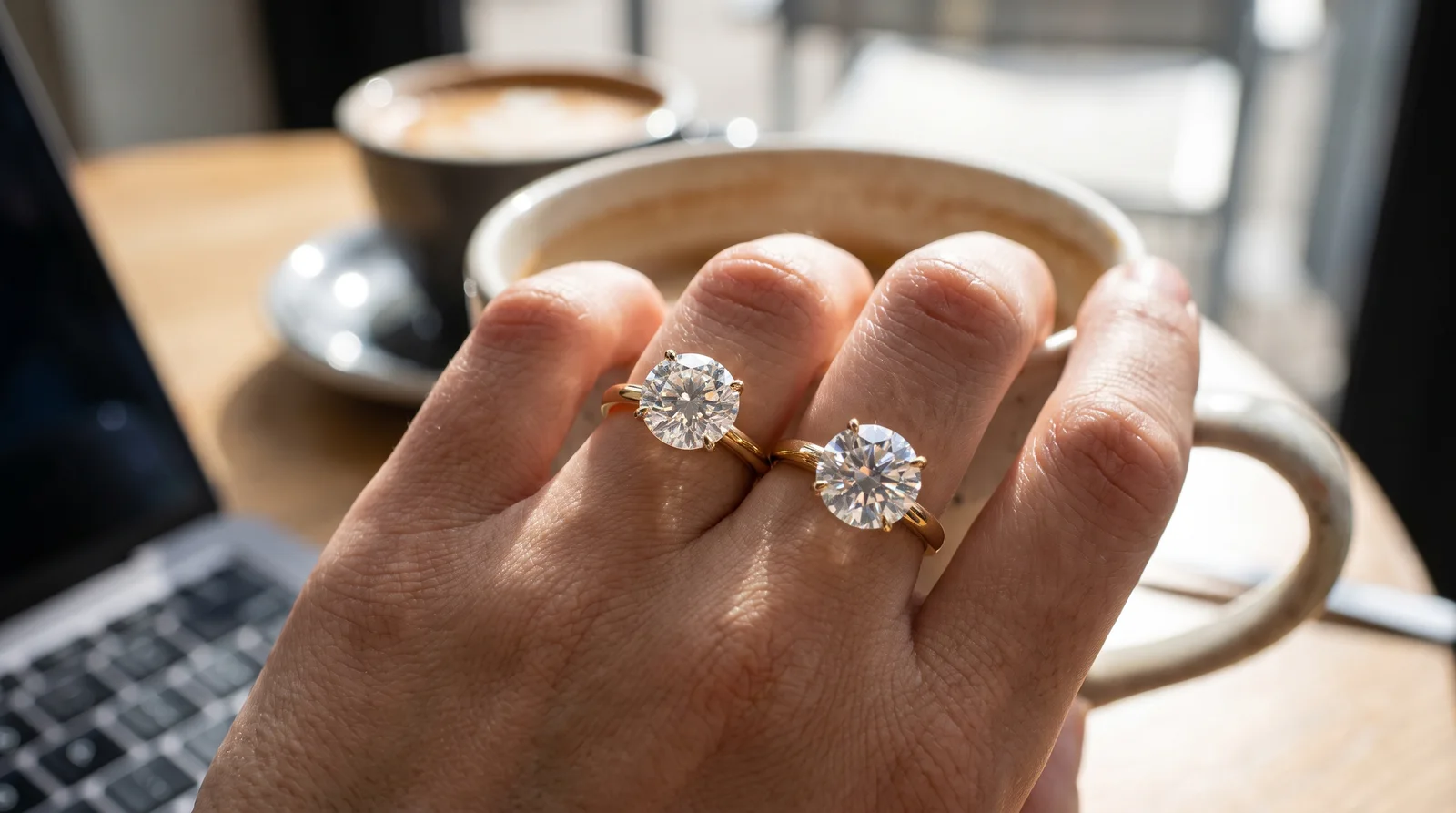 Lab diamond vs moissanite rings side by side showing durability and sparkle differences for daily wear