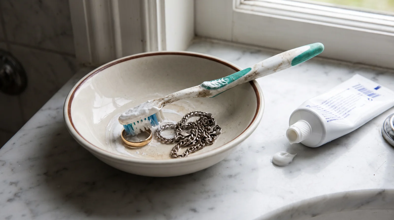 Toothpaste on a toothbrush beside a scratched gold ring, showing a common mistake in how to clean jewelry safely