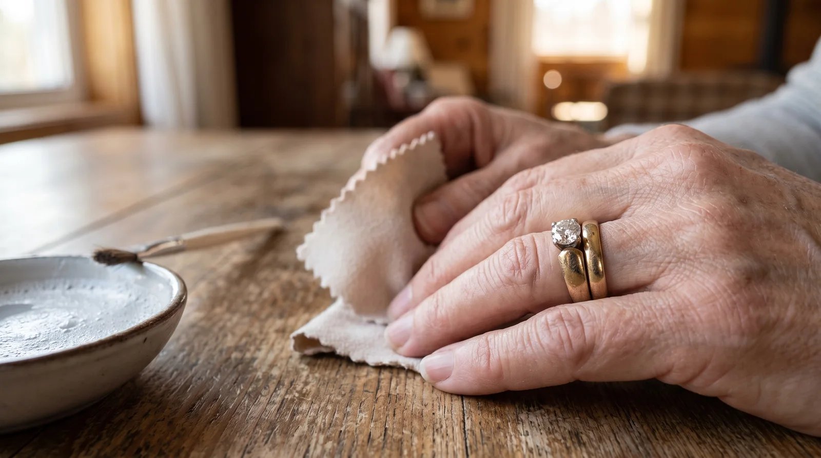 Stacked wedding band and engagement ring set showing how to stack wedding and engagement rings for lasting wear