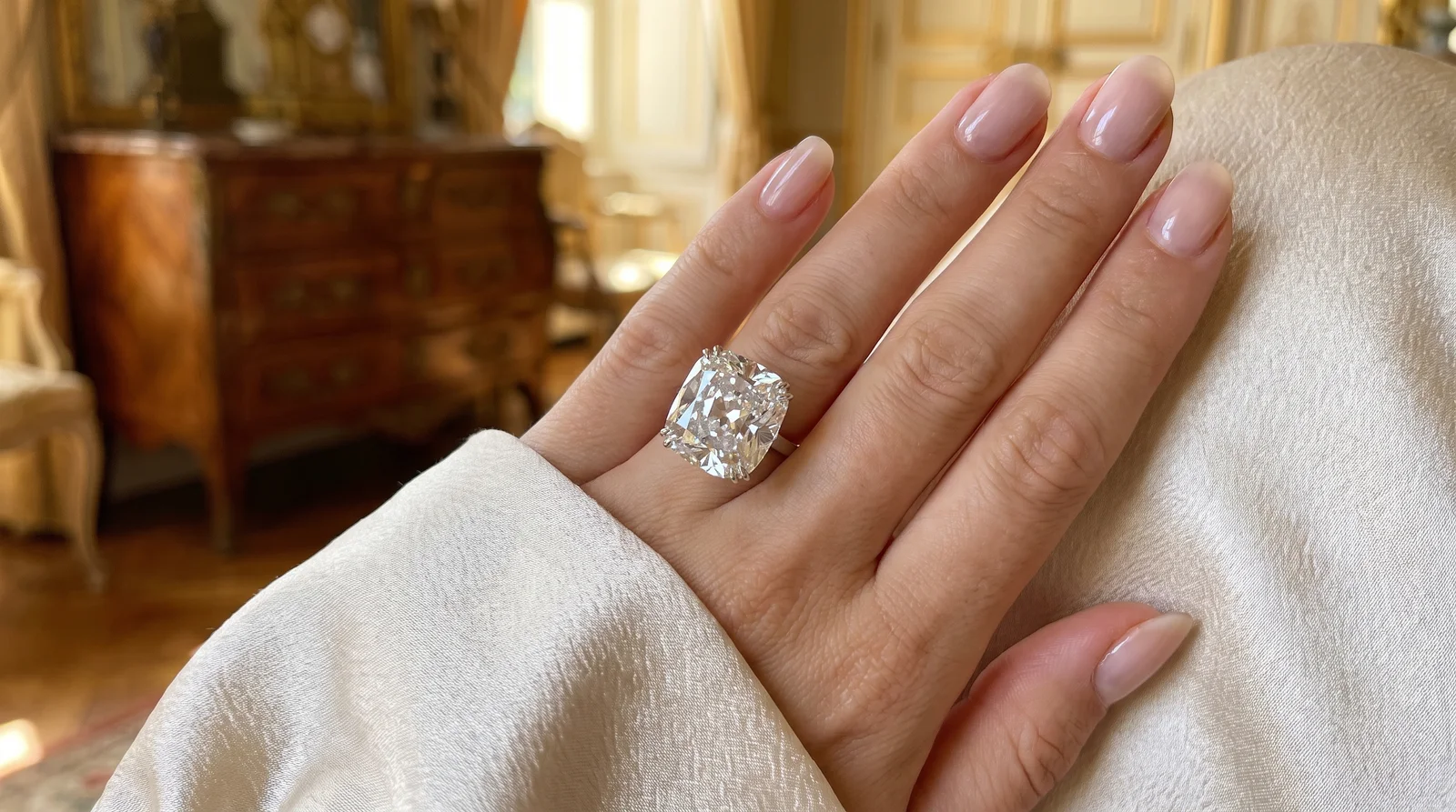 10 carat diamond ring price shown on hand for size comparison with large round-cut diamond