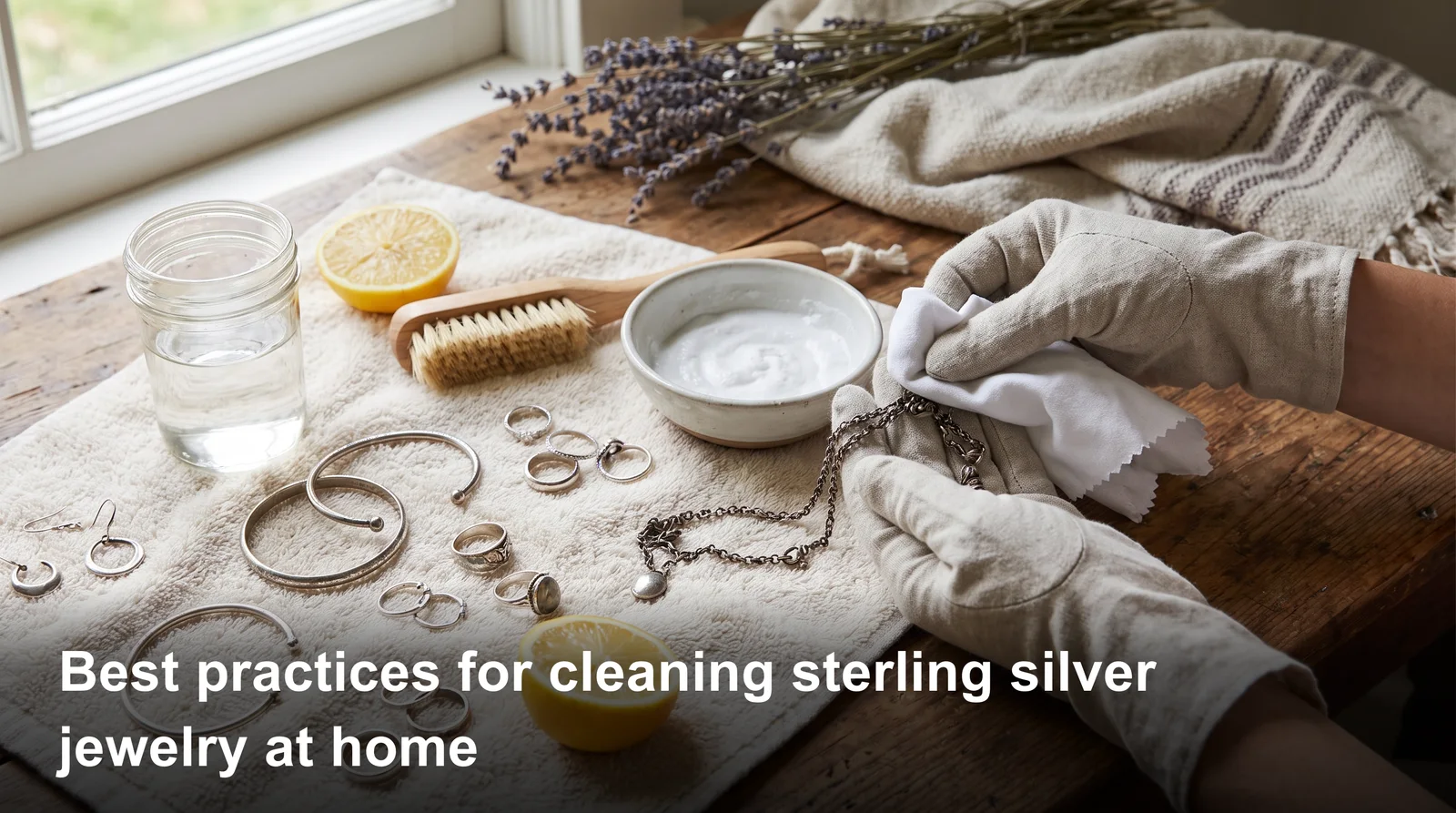 Person hand-cleaning tarnished sterling silver jewelry at home with soft cloth, warm water, and mild soap