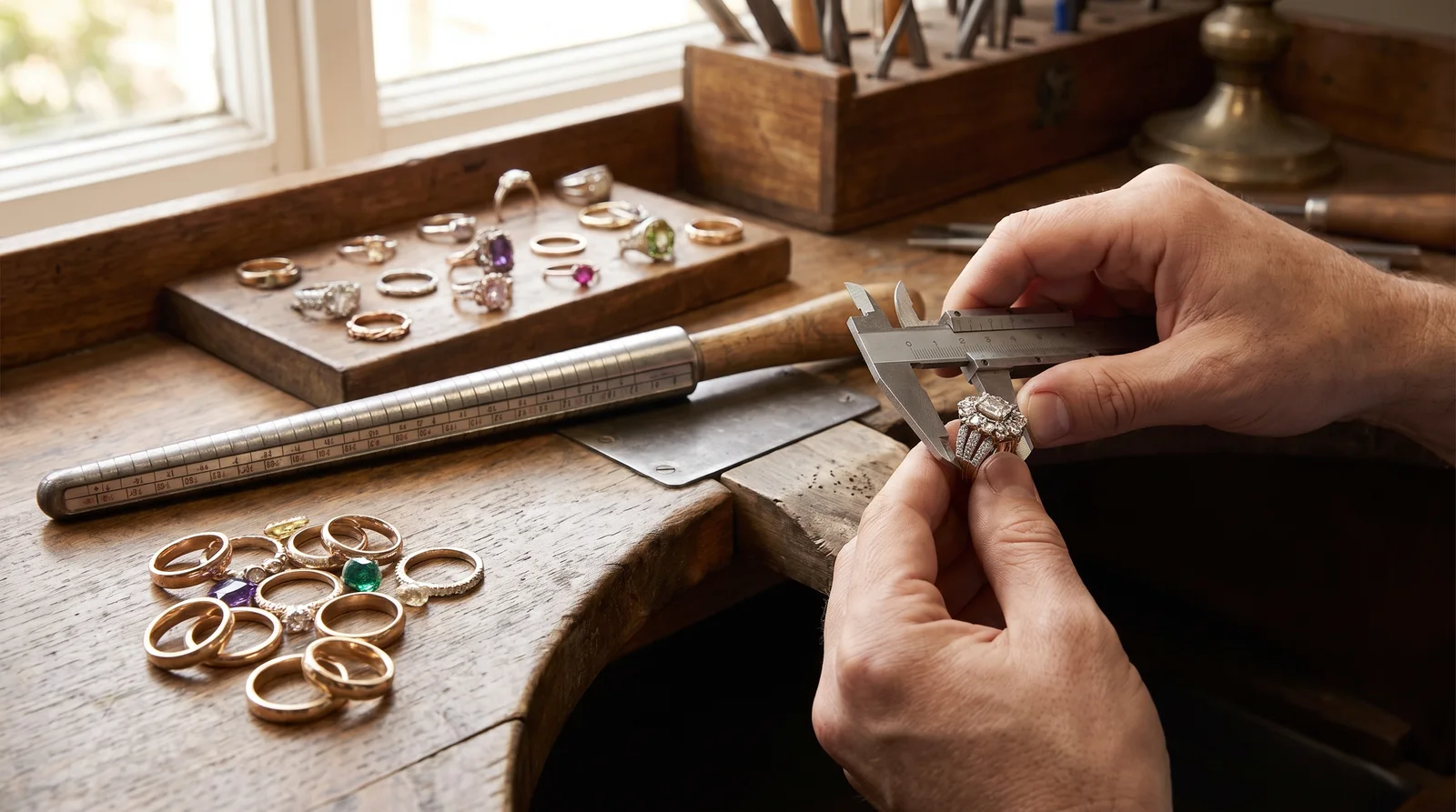 Jeweler measuring a gold band on a steel mandrel to show how many sizes can a ring be sized down safely