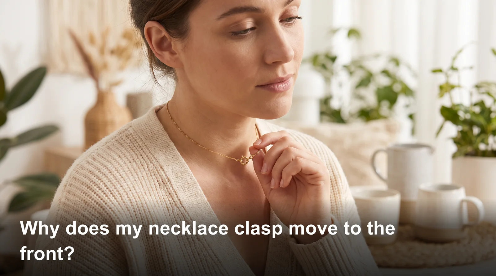 Woman adjusting a necklace clasp that moved to the front of her neck while wearing a chain