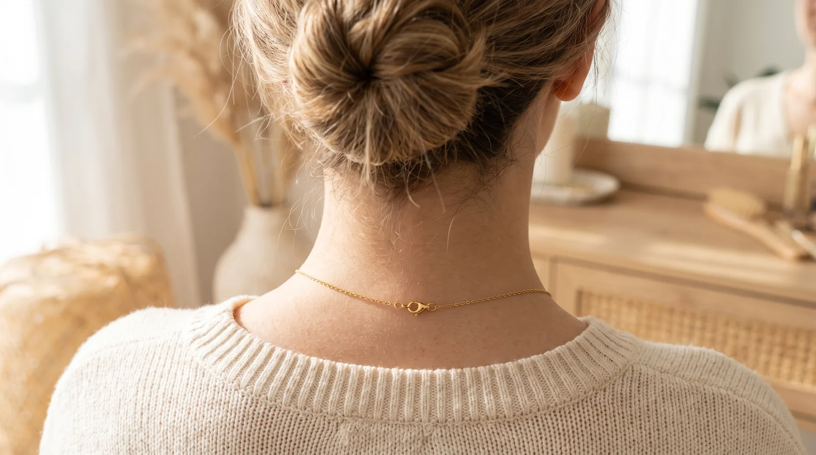 Woman adjusting necklace clasp at back of neck, illustrating why does my necklace clasp move to the front