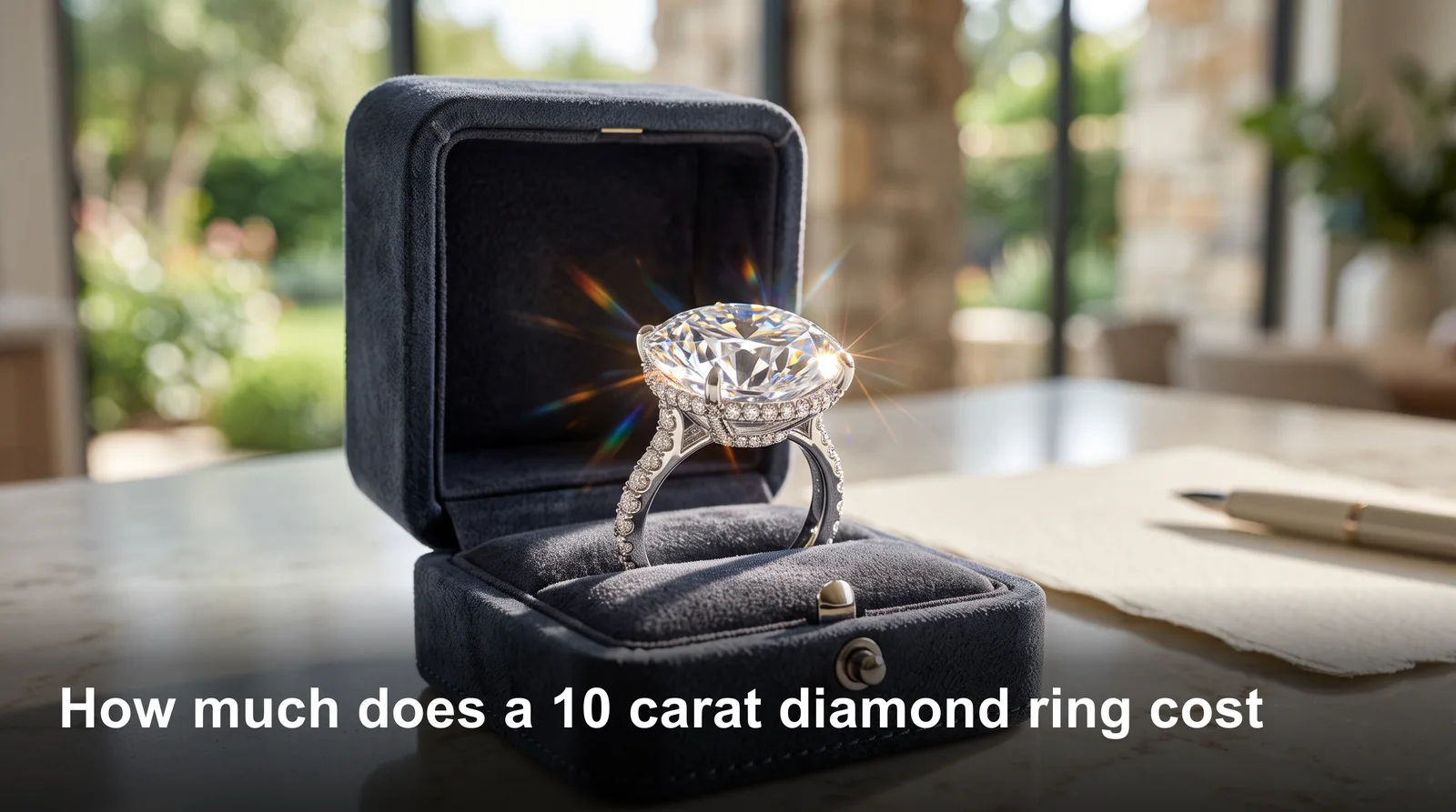 10 carat diamond ring price shown on a large round-cut diamond in a white gold engagement setting