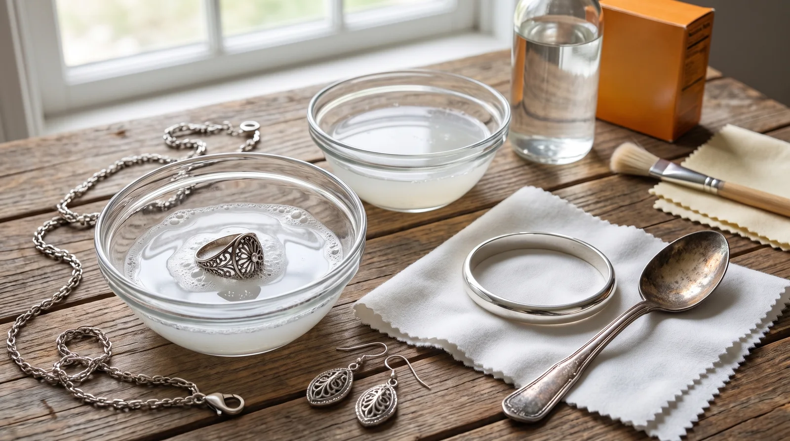 Silver rings soaking in vinegar bowl, demonstrating how to clean sterling silver jewelry at home