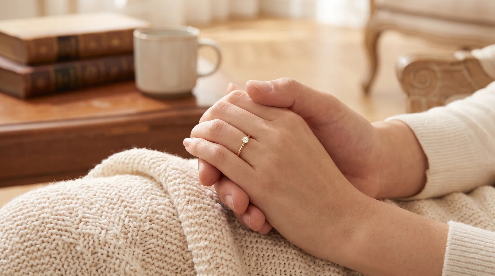 Woman wearing a promise ring on her left hand ring finger, showing what finger promise rings go on