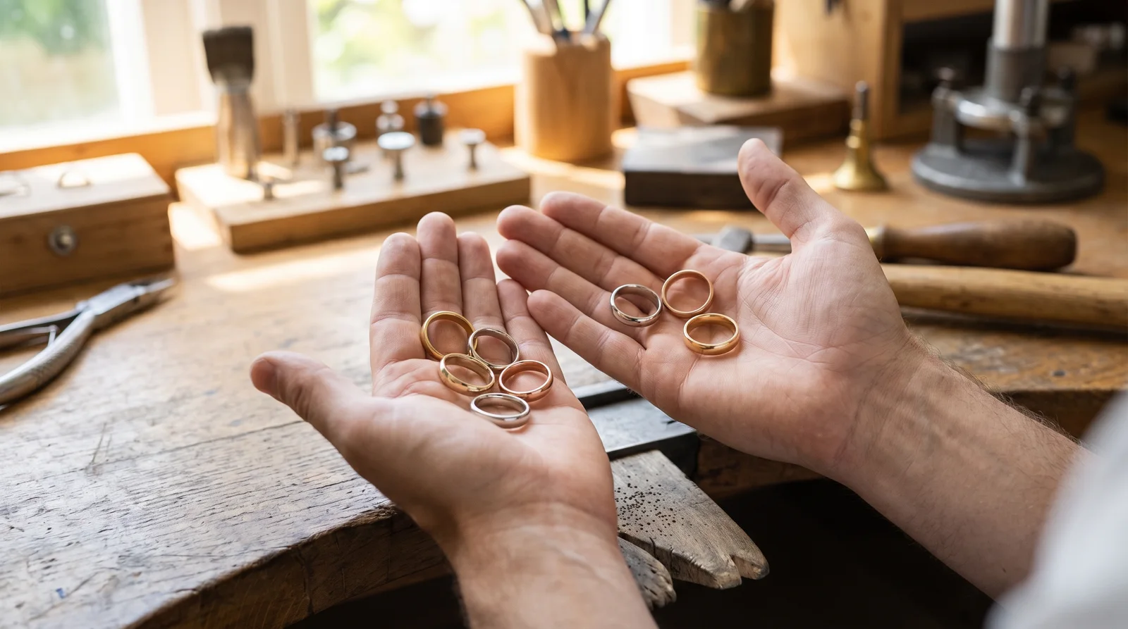 Couple browsing plain wedding bands in a jewelry store display case while shopping smart for simple rings