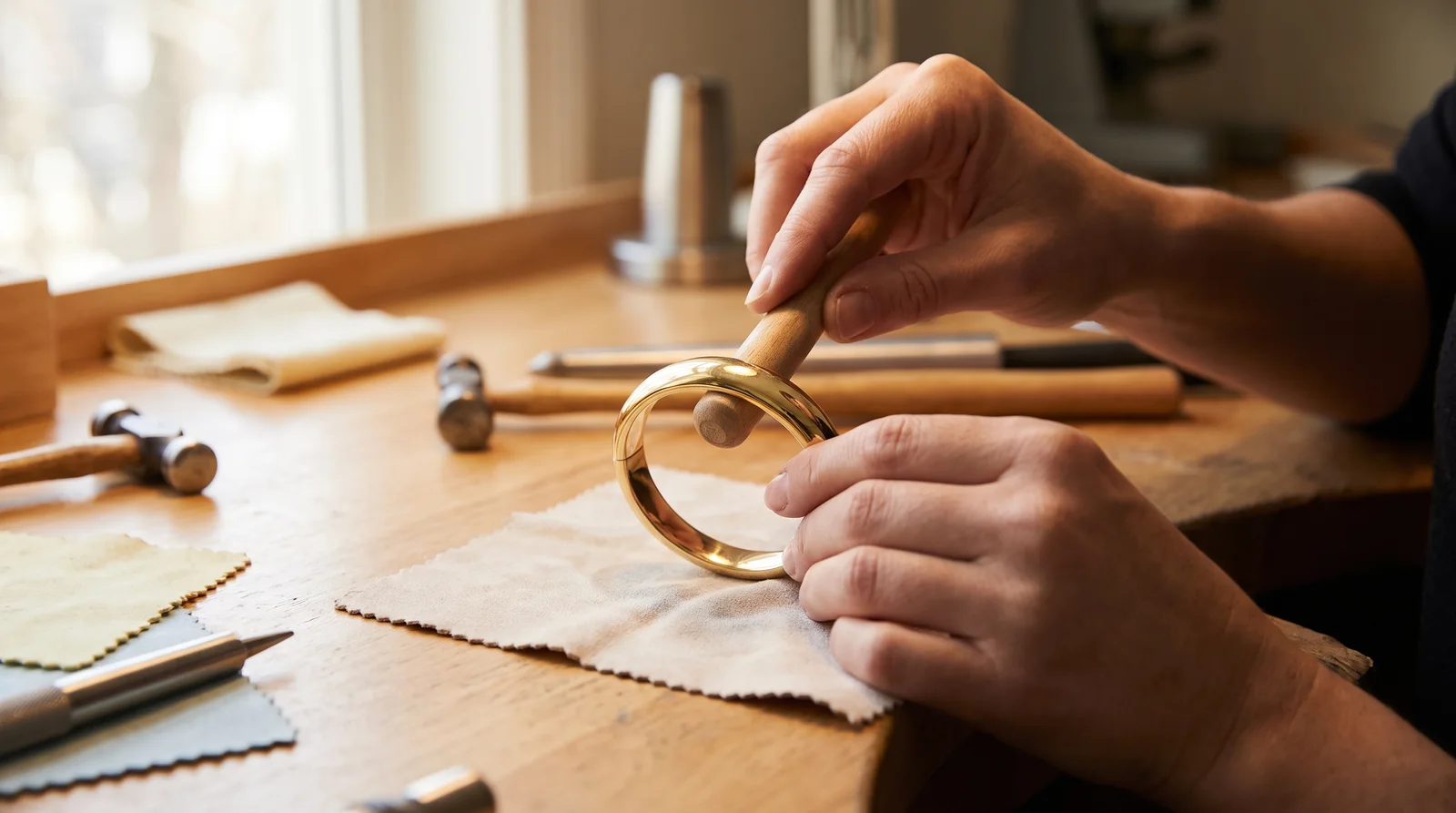 Jeweler repairing a dented hollow gold bangle, showing whether a dented hollow gold bangle can be repaired
