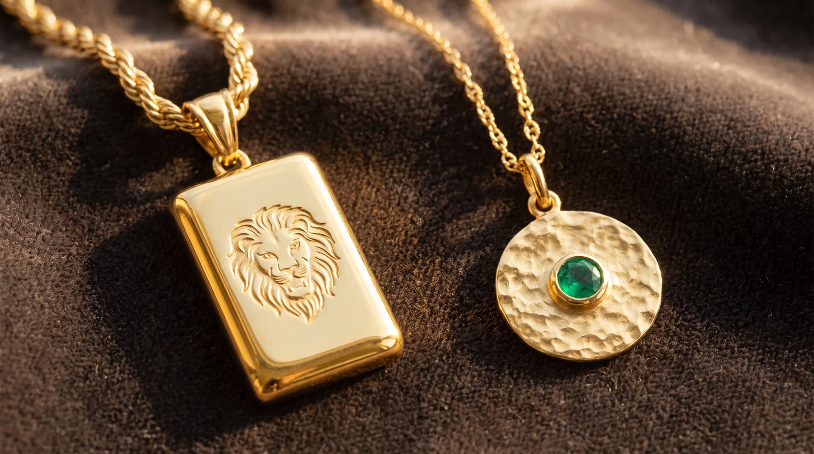 24k gold pendants for men and women displayed side by side, comparing bold and delicate design styles