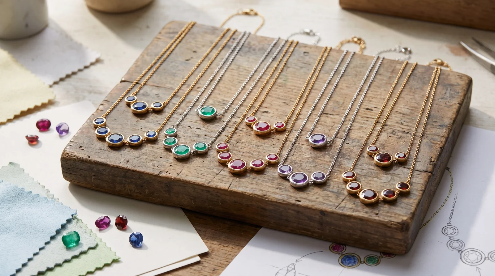 Family birthstone necklace with layered gemstones in a timeless gold setting for everyday wear