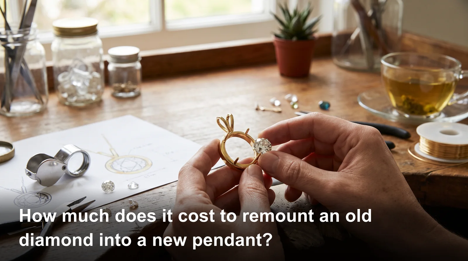 Old diamond ring being reset into a gold pendant, illustrating the cost to reset diamond into pendant