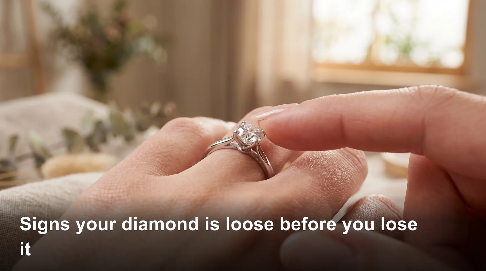 Close-up of a diamond ring showing signs your diamond is loose, with visible gap between stone and setting