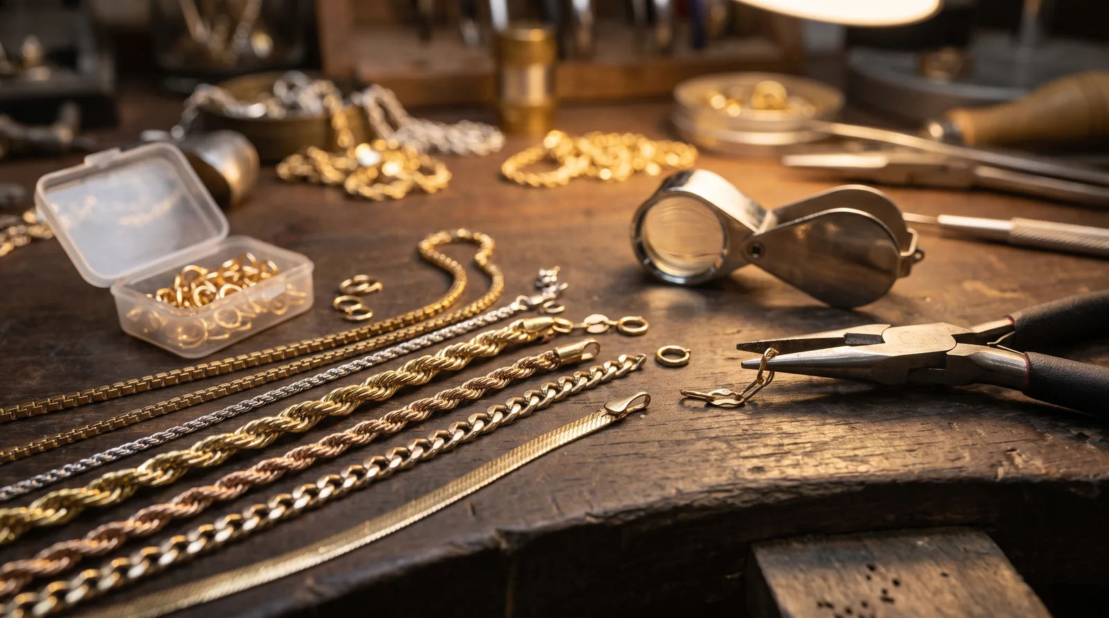 Gold chain repair cost comparison chart by karat, showing 10k, 14k, 18k, and 24k pricing differences