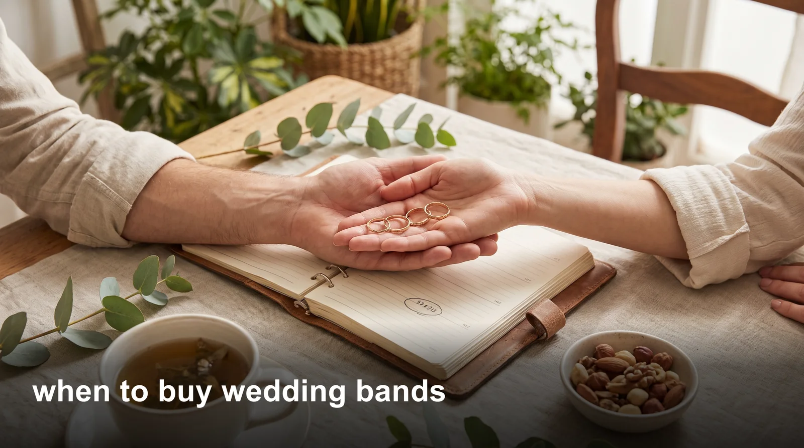 Couple browsing wedding bands in a jewelry store, illustrating when to buy wedding bands before the big day