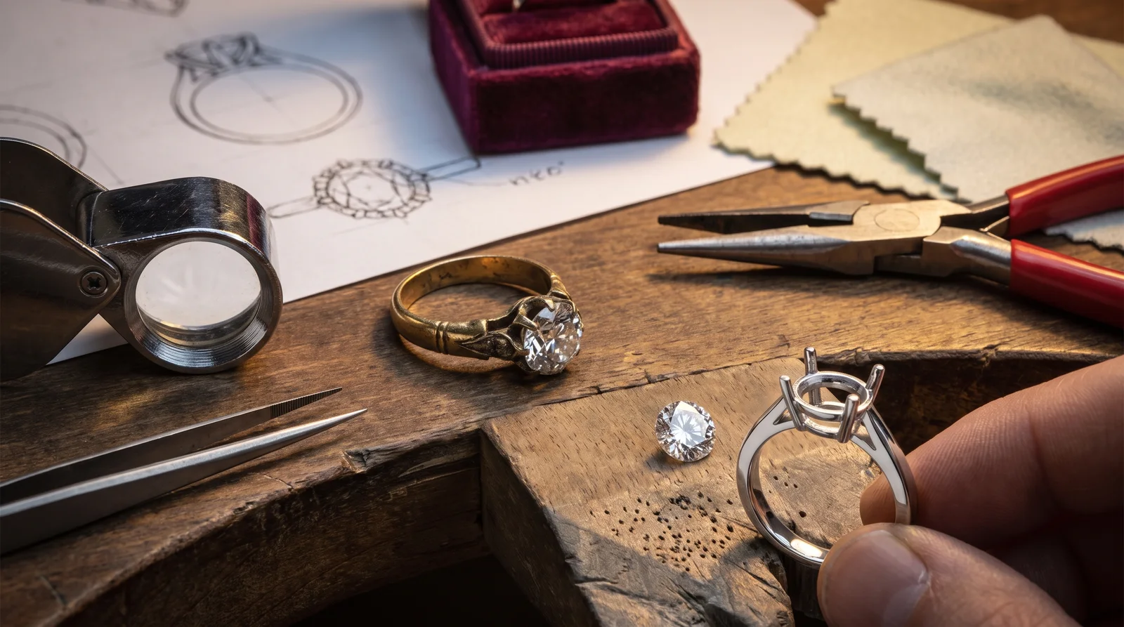 Grandmother's heirloom diamond ring being reset into a modern setting during resetting an heirloom diamond ring process