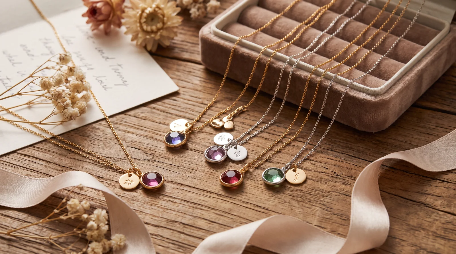 Personalized birthstone necklace charms displayed on a gold chain, ideal for meaningful gift-giving occasions