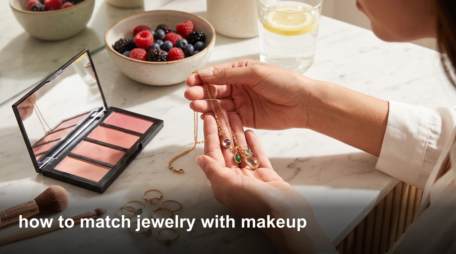 Woman demonstrating how to match jewelry with makeup using gold necklace and warm-toned cosmetics