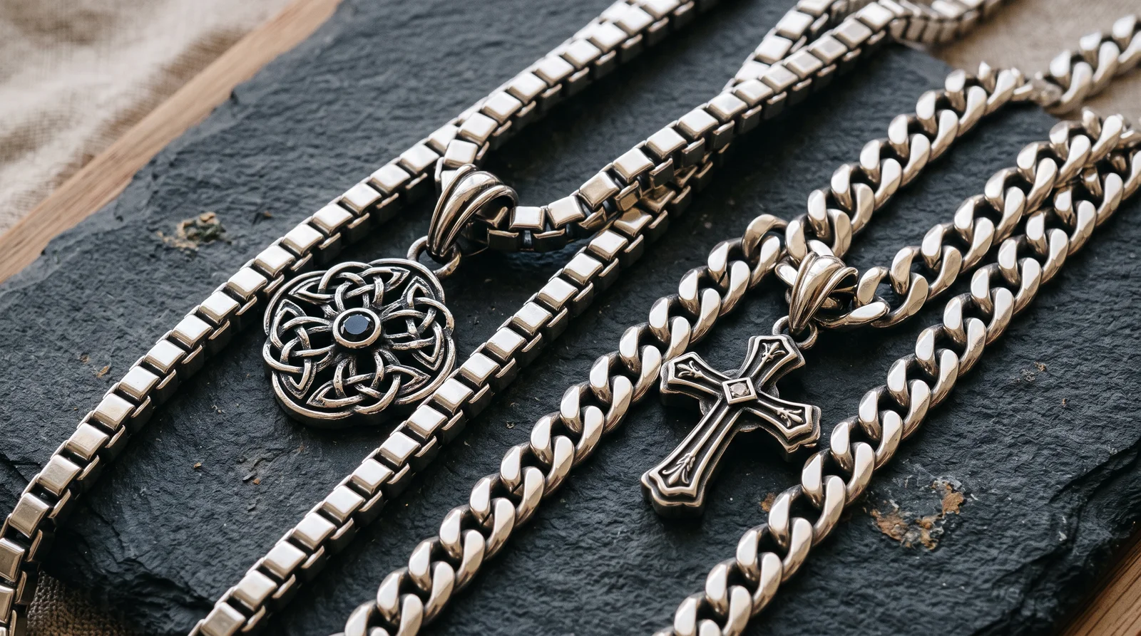 Box chain vs curb chain comparison showing the best chain for heavy pendant necklaces side by side