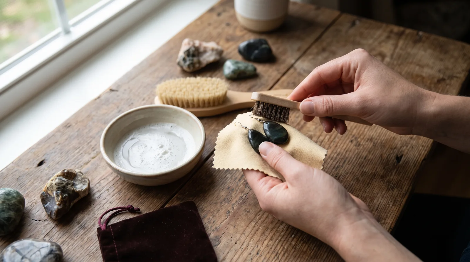 Woman gently cleaning 3 stone earrings with soft cloth to preserve their shine and prevent damage