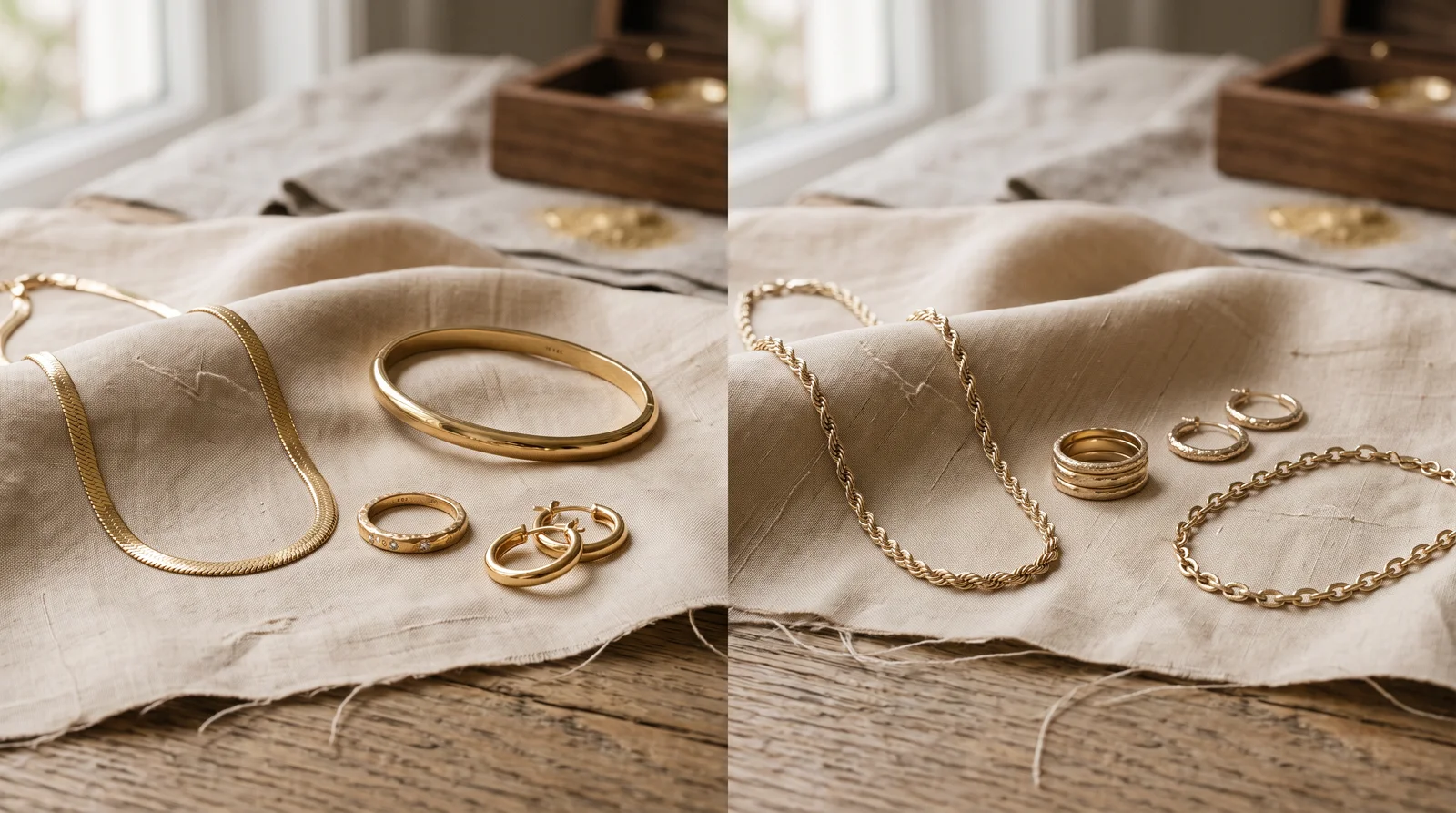 14k vs 10k solid gold jewelry comparison showing rings and necklaces with different gold purity levels