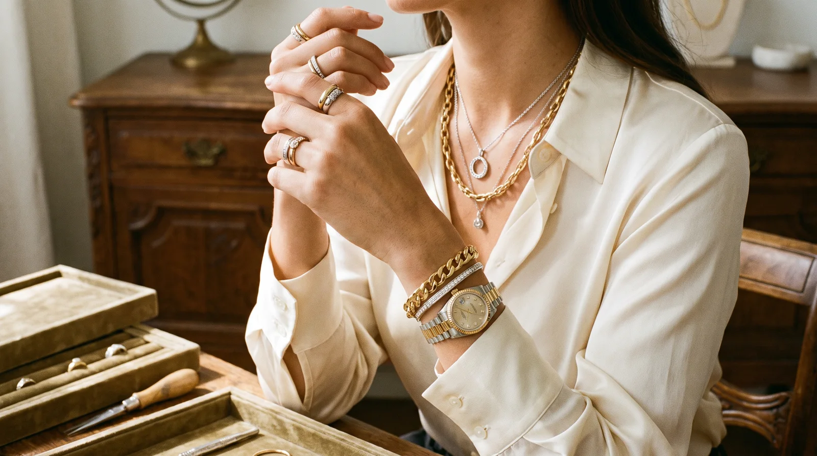 Woman wearing stacked white gold and yellow gold rings, showing you can wear white gold and yellow gold together