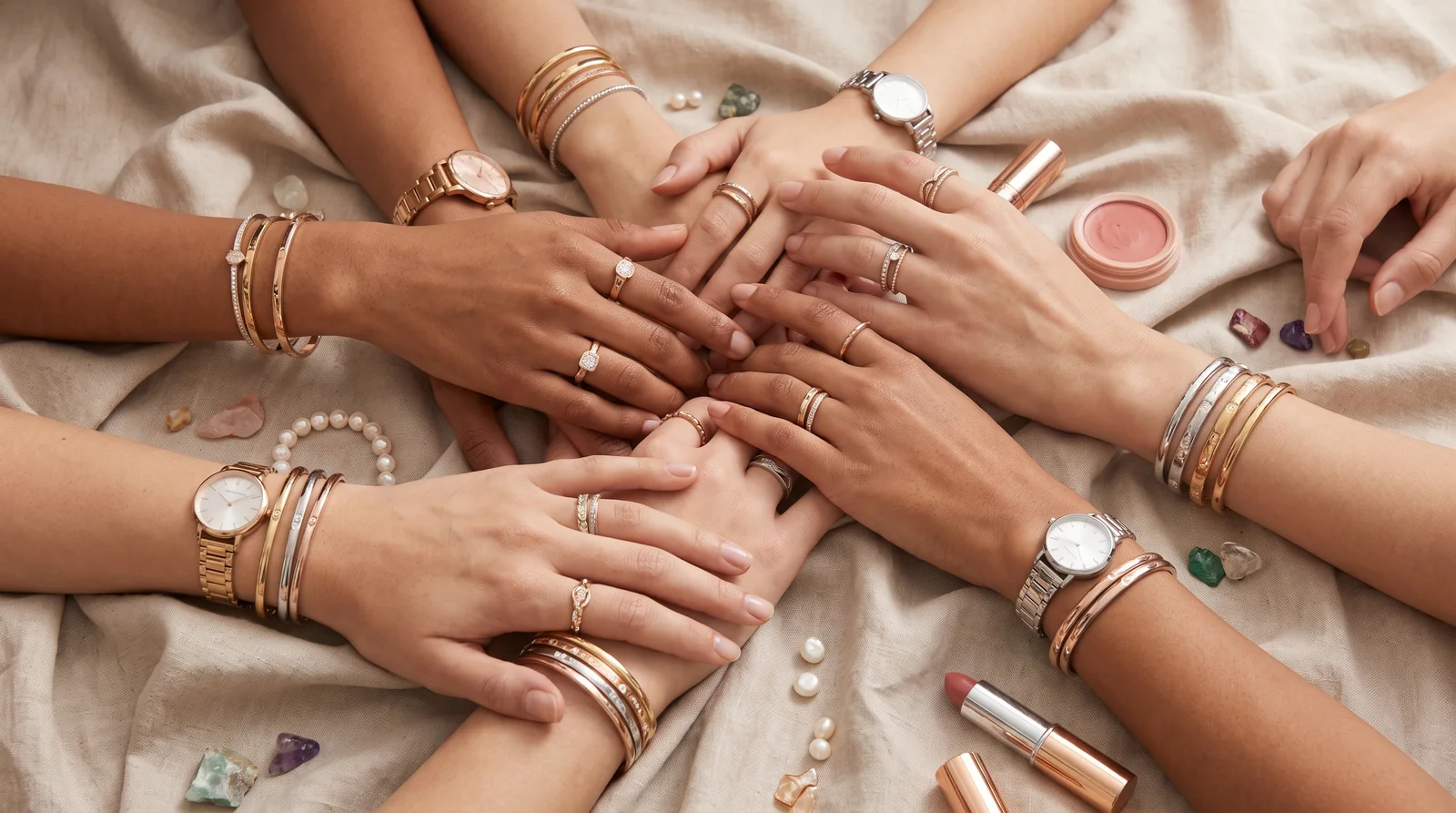 Woman comparing gold and silver jewelry against her skin tone to match jewelry with makeup and complexion
