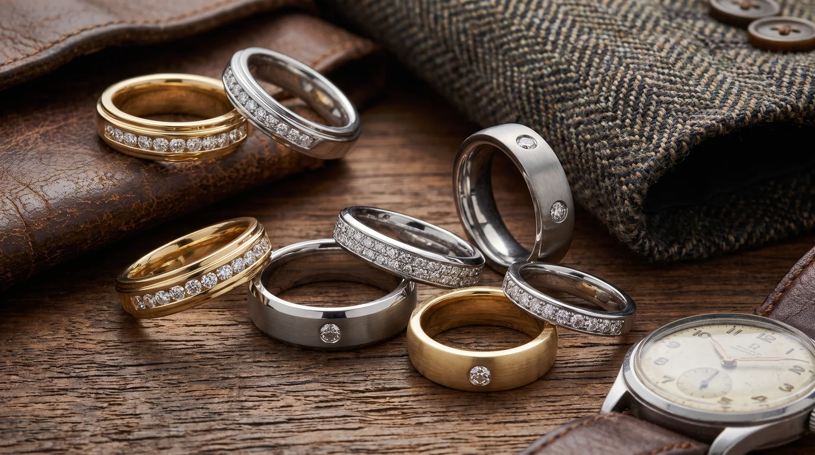 Men's diamond wedding bands displayed in a jewelry box, showcasing popular styles and settings