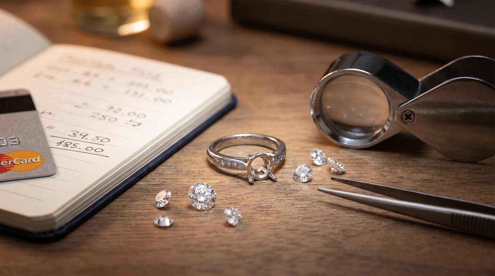 Jeweler examining engagement ring setting to estimate the cost to replace a lost diamond in a ring