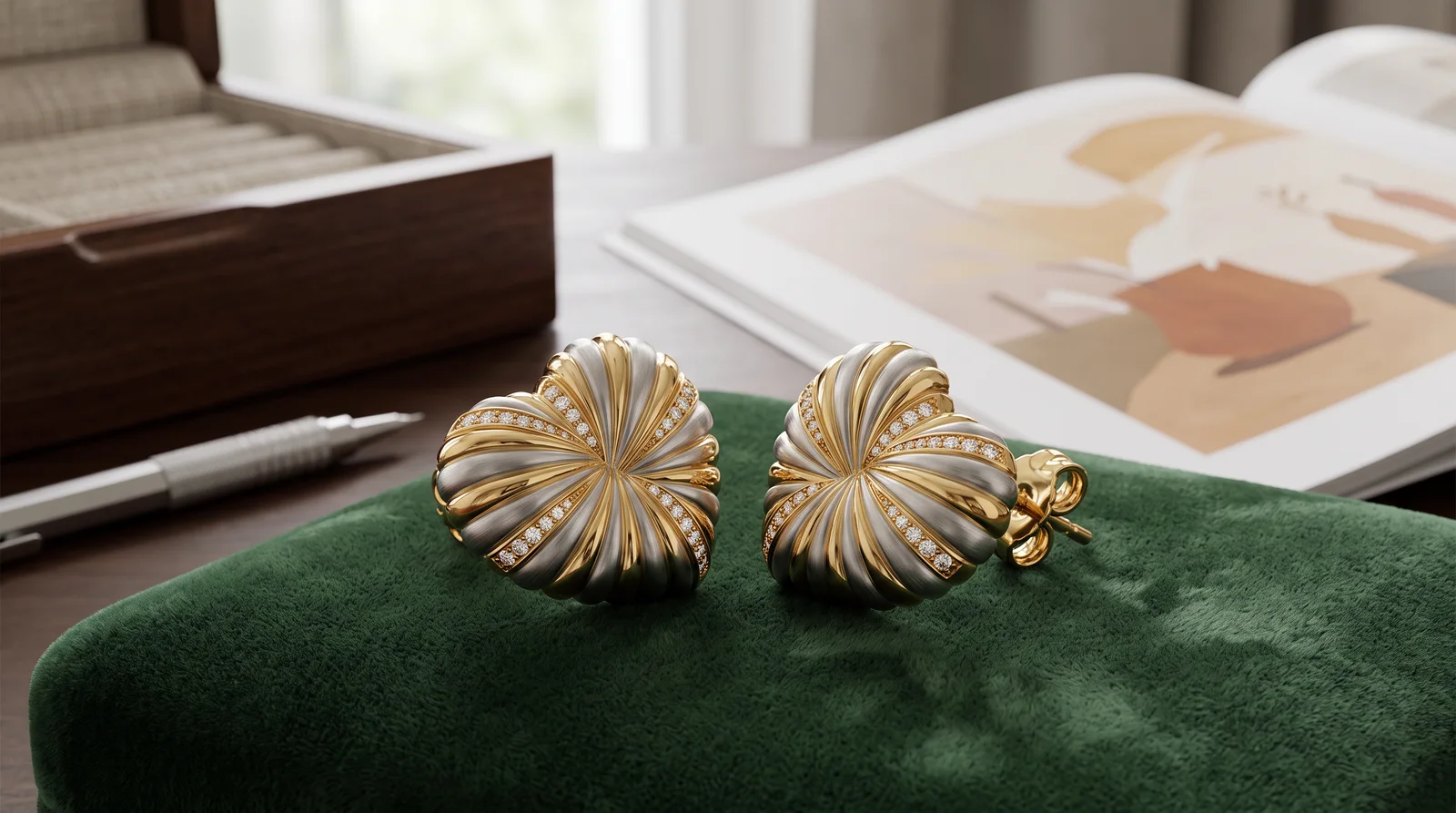 Rolex heart earrings crafted from repurposed watch links, showing gold and steel material details up close
