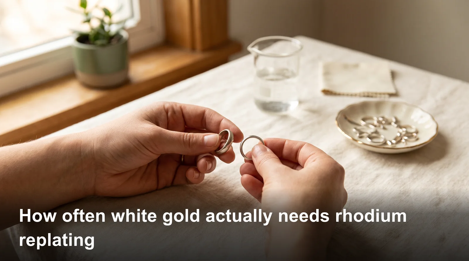 White gold ring losing shine, showing how often does white gold need to be replated with rhodium