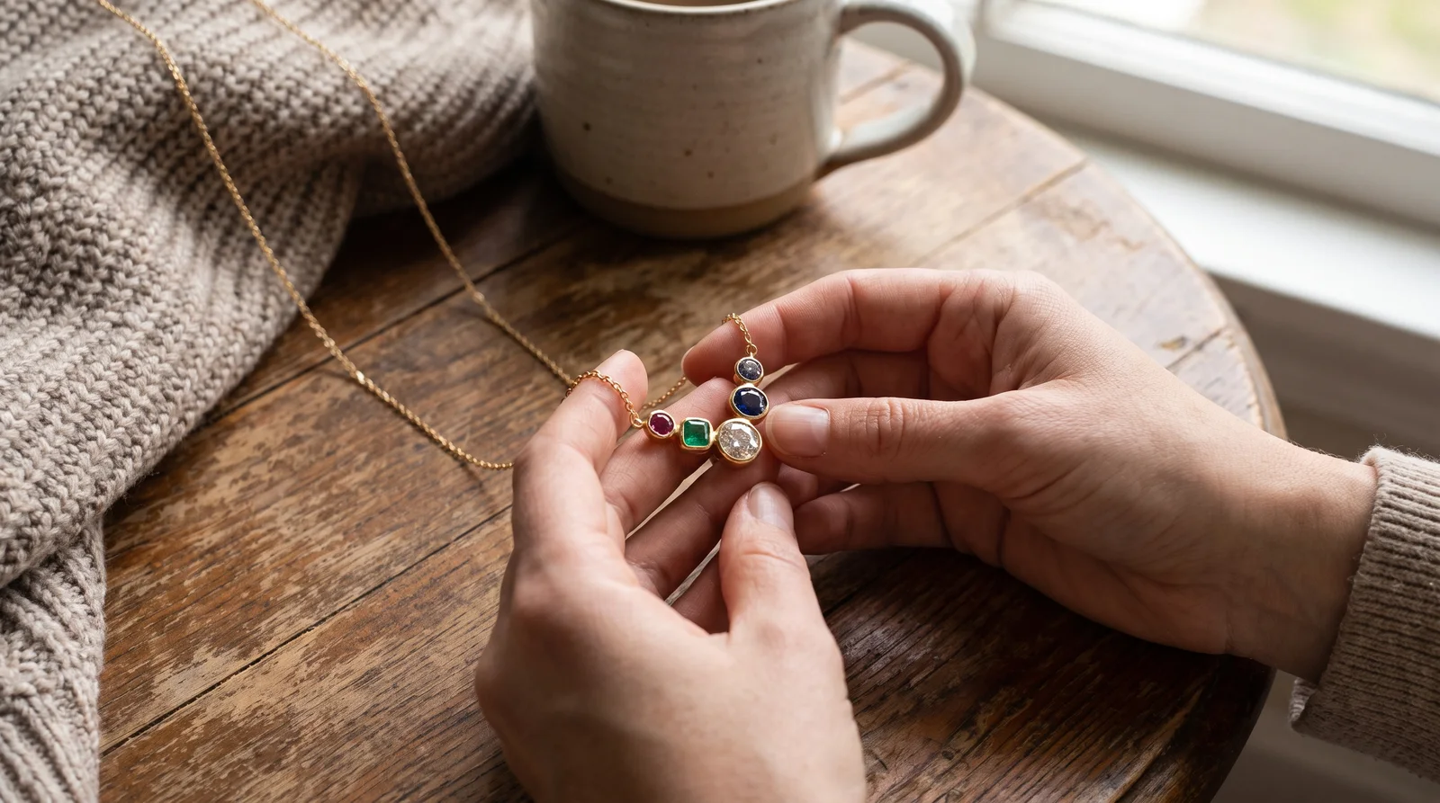 Mom wearing a family birthstone necklace with multiple gemstones representing her children's birth months