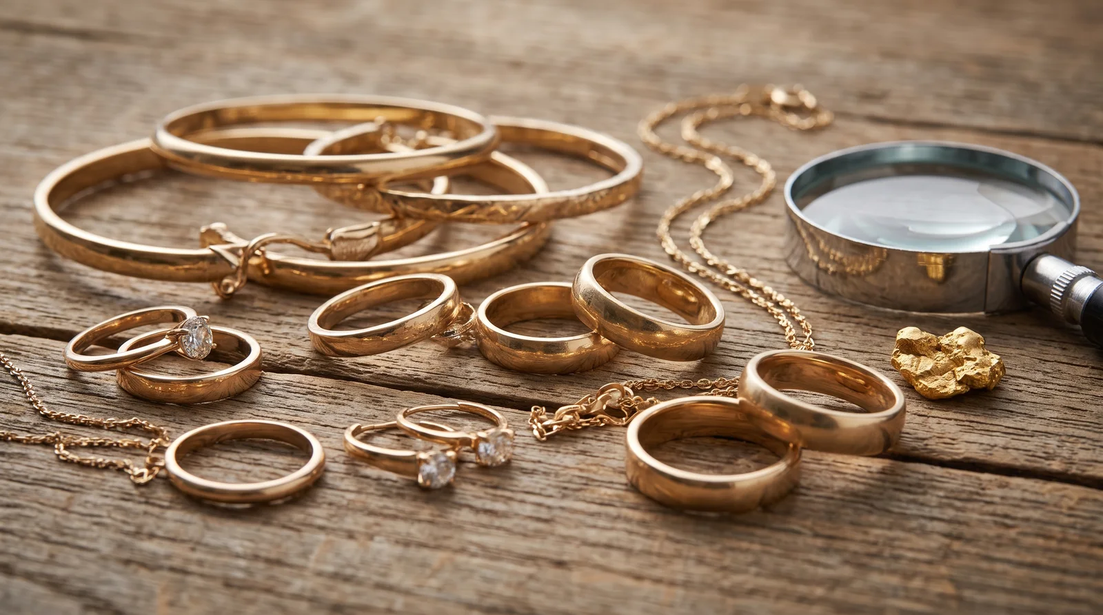 Is 14k gold good? Jewelry pieces displaying pros and cons of 14K gold durability, color, and value