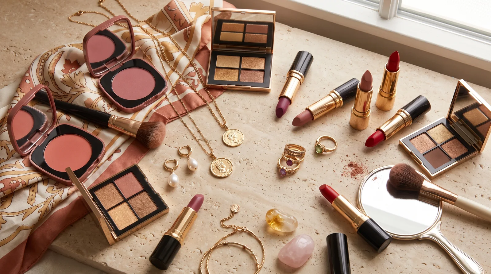 Guide showing how to match jewelry with makeup, featuring common questions and styling tips