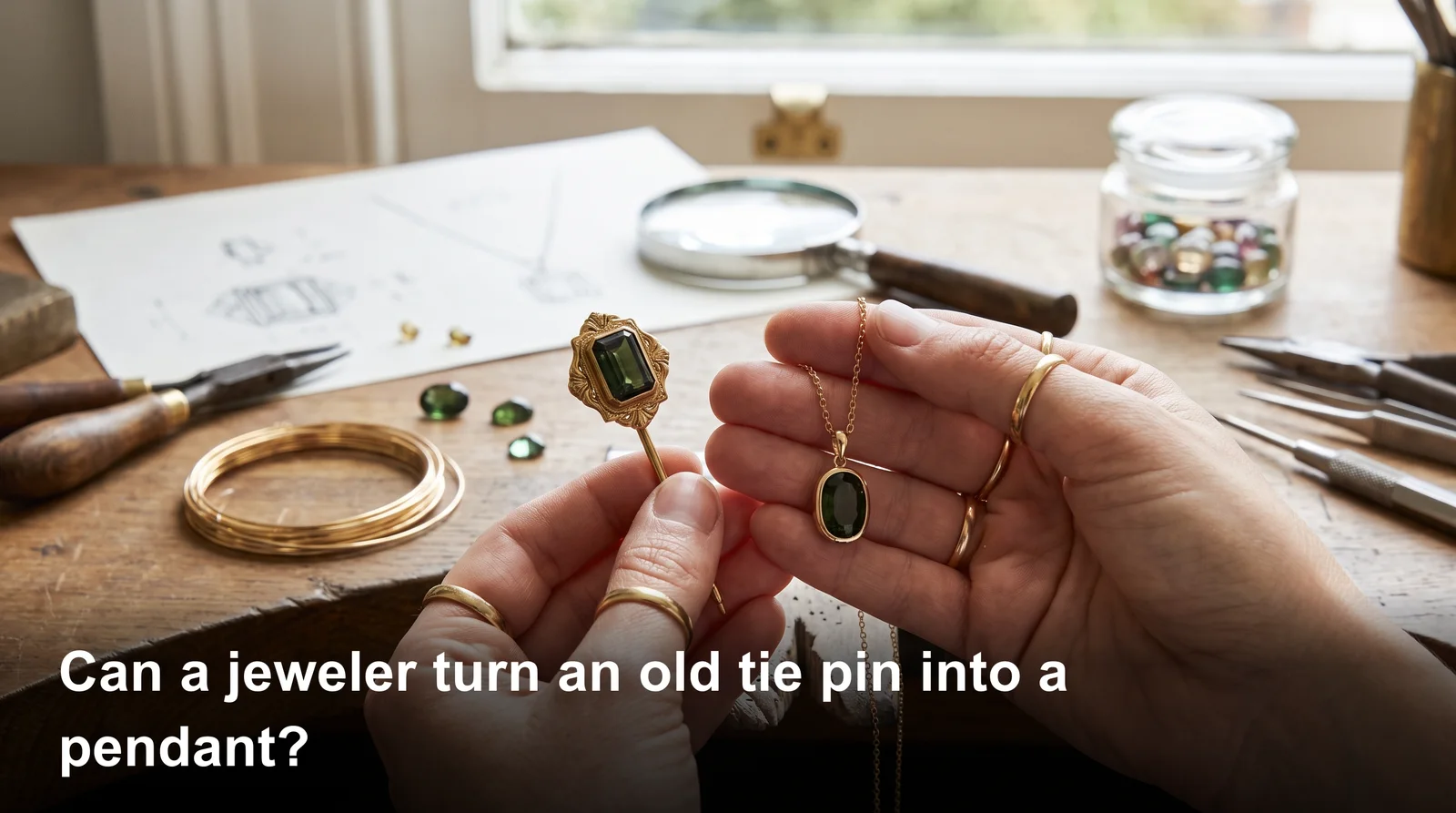 Jeweler using fine tools to turn a vintage tie pin into pendant on a gold necklace chain