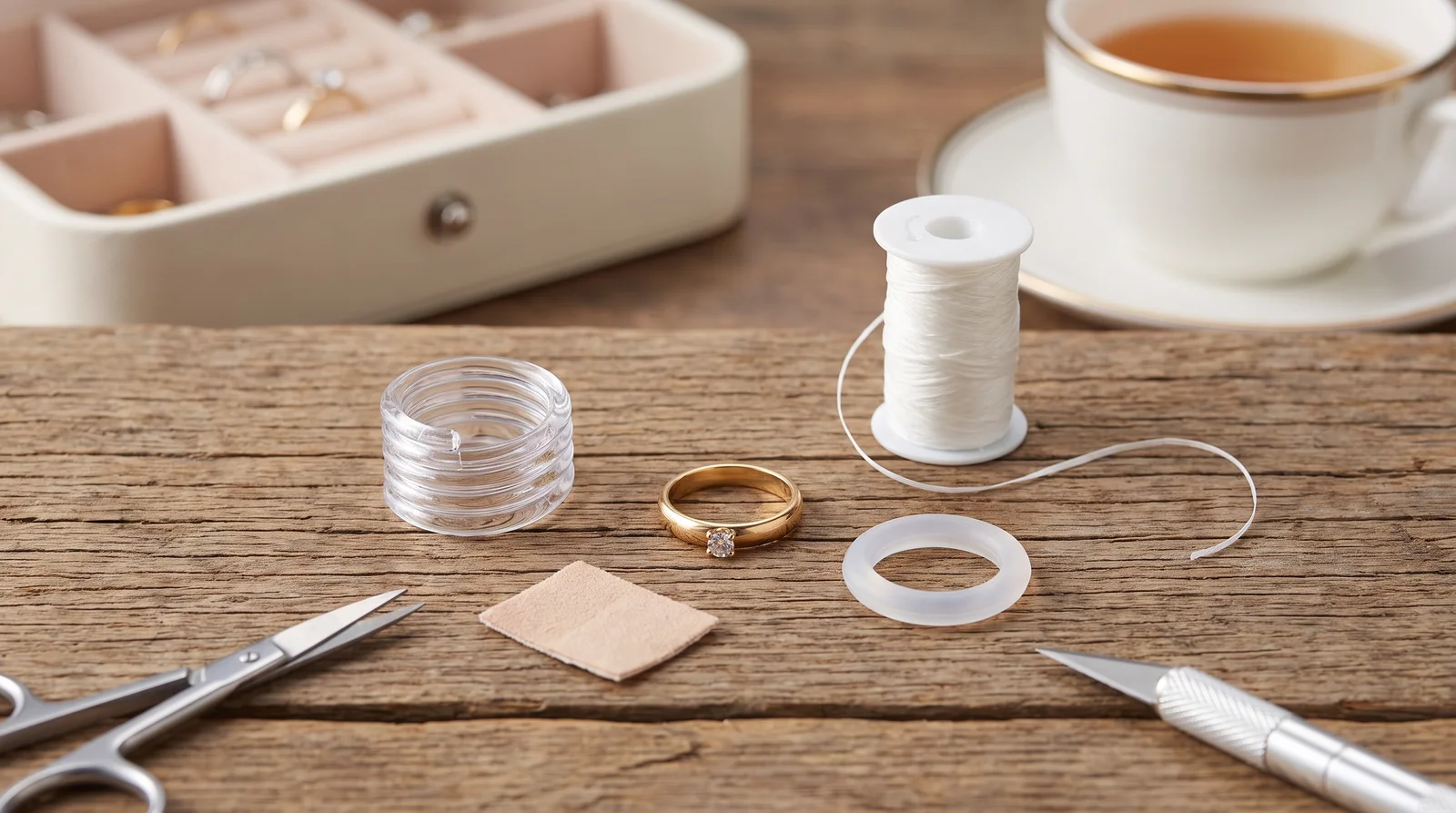 Jeweler measuring a gold ring on a mandrel beside ring guards, showing how many sizes can a ring be sized down safely