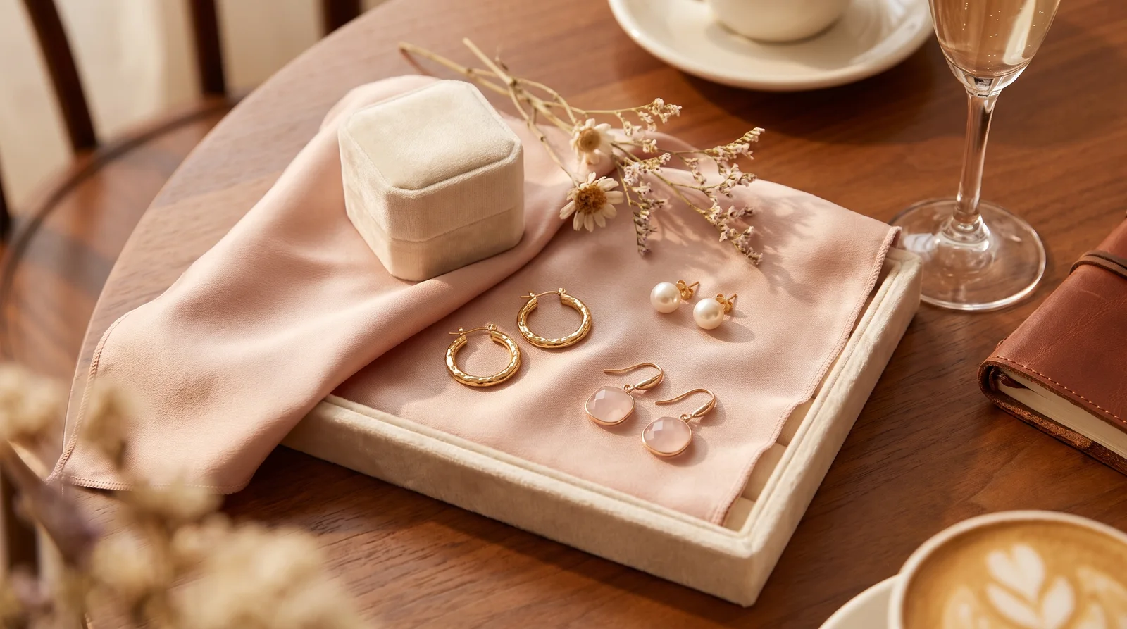 Woman choosing gold hoop earrings for a first date, showing how to choose jewelry for a first date