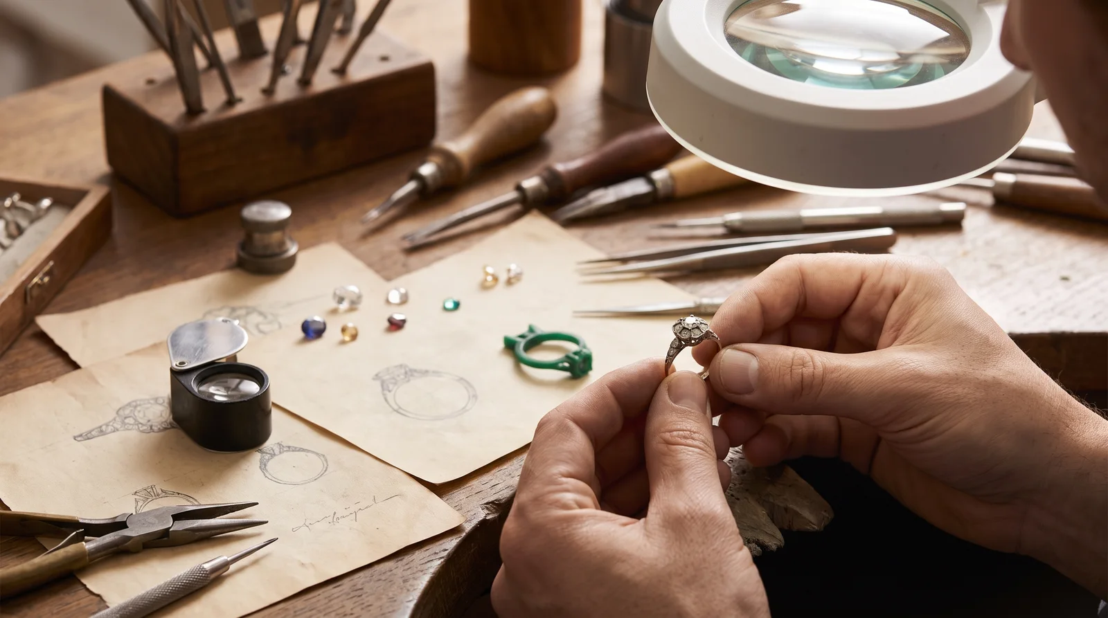 Jeweler examining an heirloom diamond ring, discussing options for resetting an heirloom diamond ring