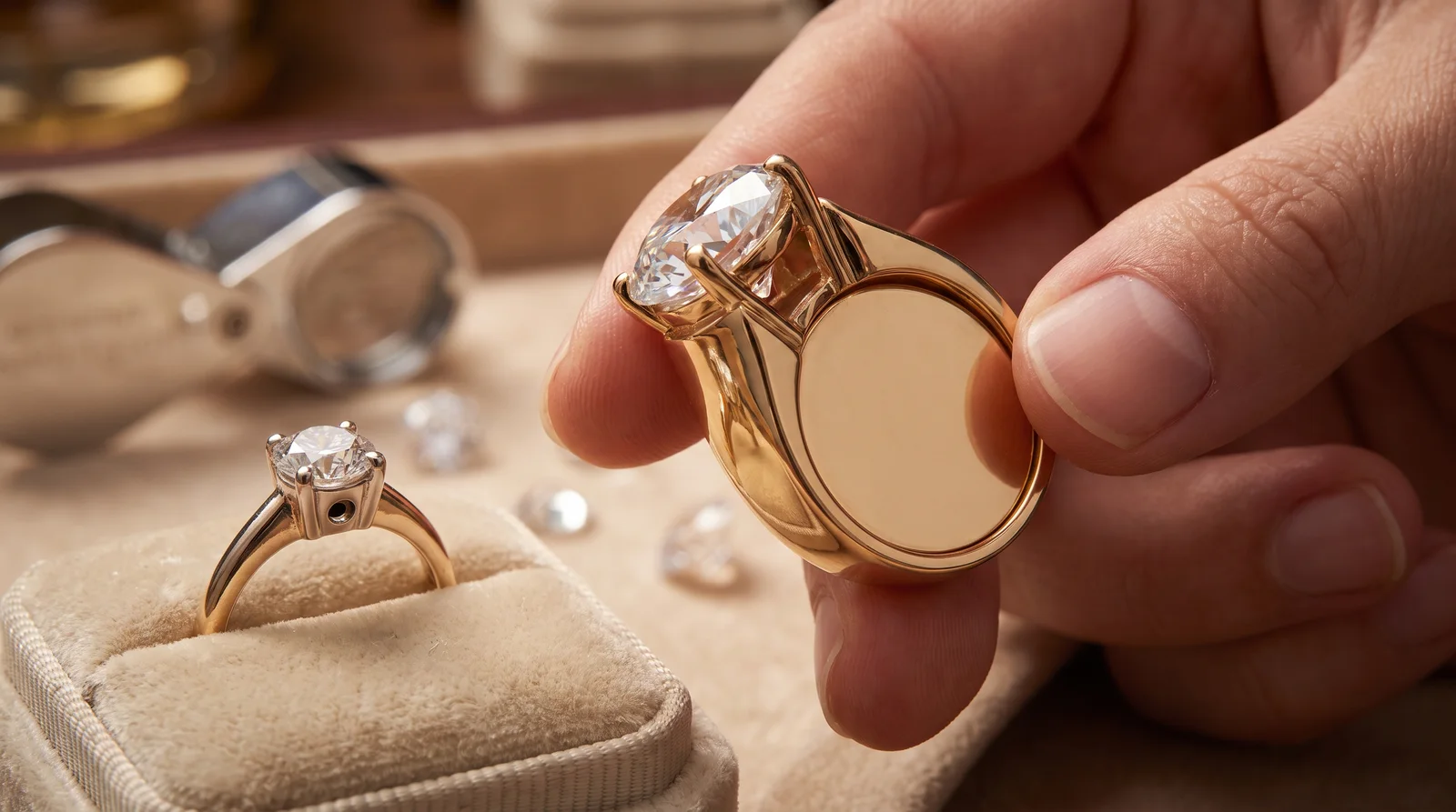 Diamond ring showing small girdle holes, illustrating why do diamond rings have holes versus fake rings