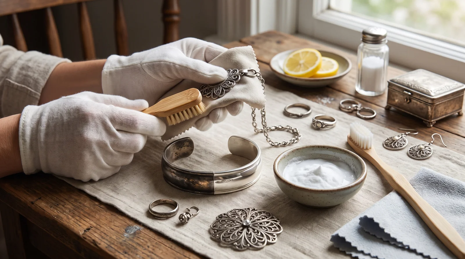 Person polishing a tarnished silver ring with a soft cloth, demonstrating how to clean sterling silver jewelry at home