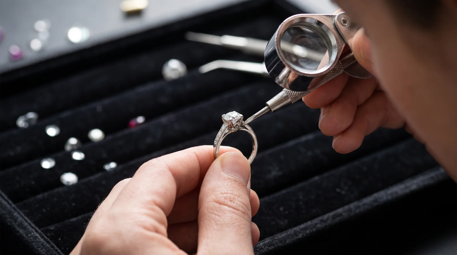 Jeweler inspecting a ring with a loupe, checking signs your diamond is loose in its setting