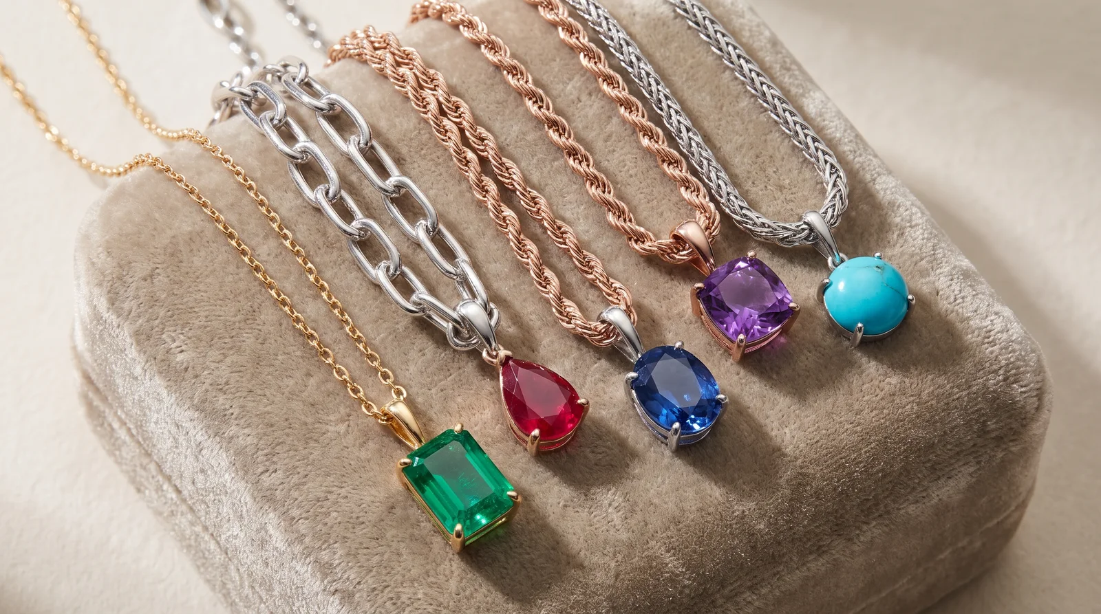 Birthstone necklace charms on different chain styles, showing how chain choice changes pendant look and fit