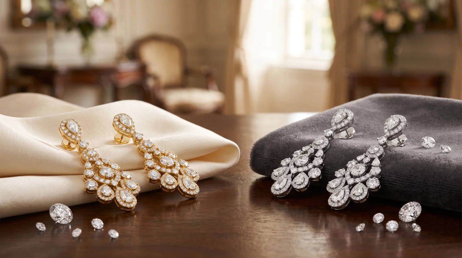 Gold diamond drop earrings and white gold diamond drop earrings side by side for comparison