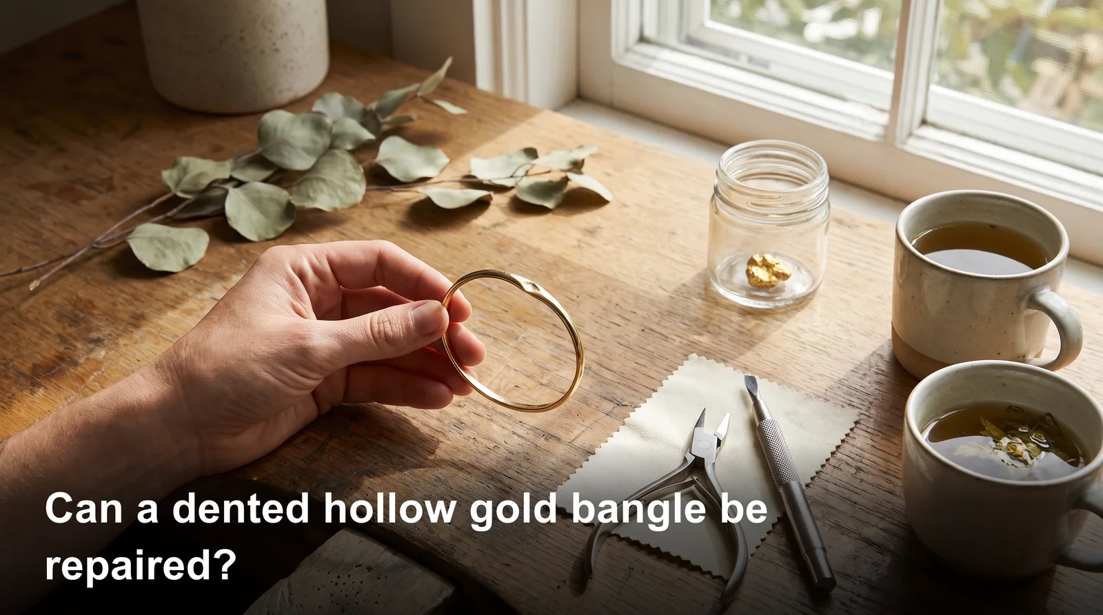 Dented hollow gold bangle bracelet being examined by jeweler, illustrating if it can be repaired