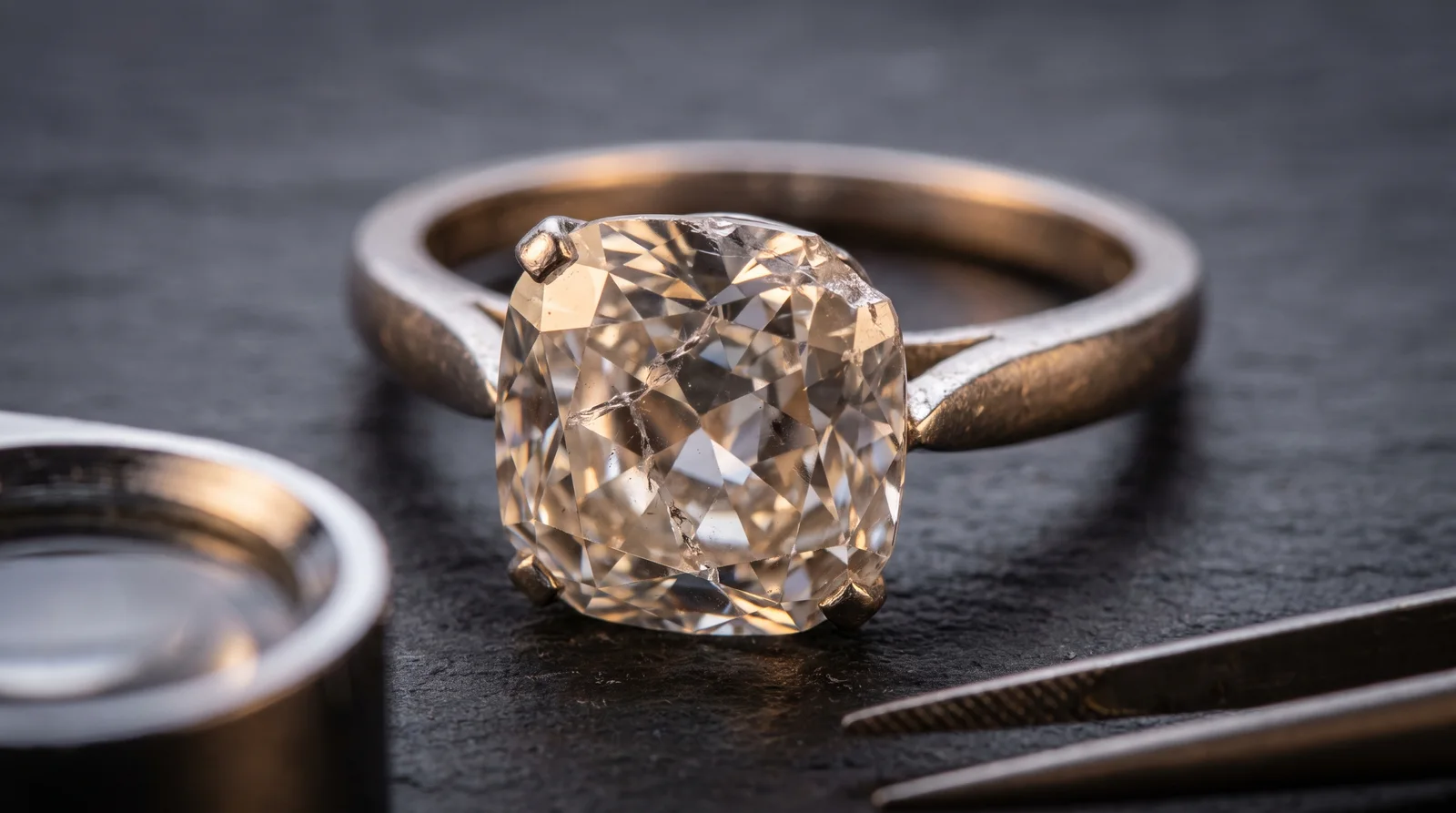 Close-up of a chipped diamond ring showing damage, illustrating whether a chipped diamond can be repaired