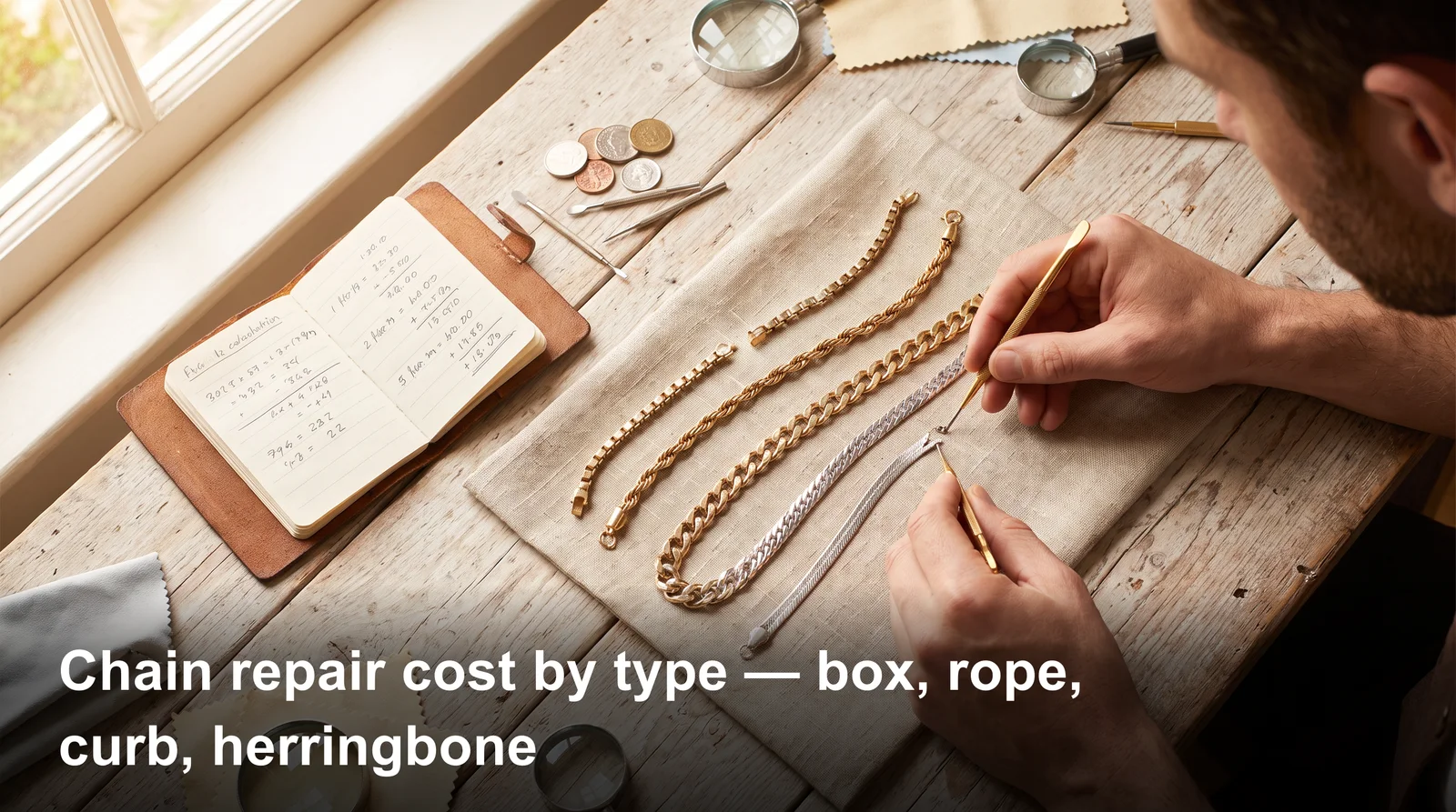 Chain repair cost comparison chart showing box, rope, curb, and herringbone chain styles side by side