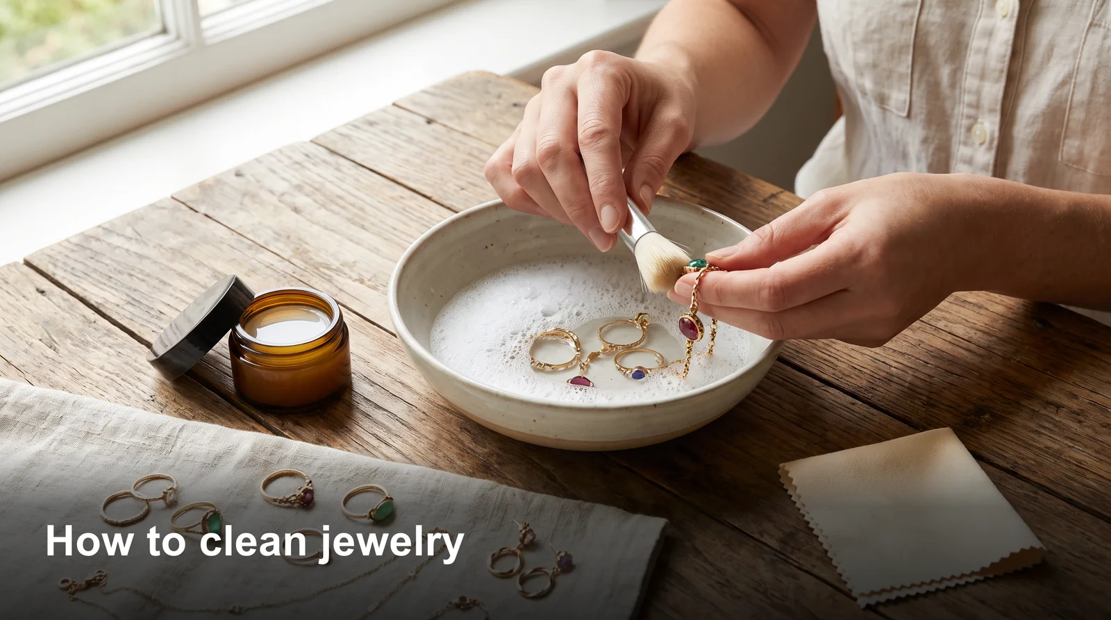 How to clean jewelry safely: a gold diamond ring soaking in warm soapy water beside a soft-bristle brush and cloth